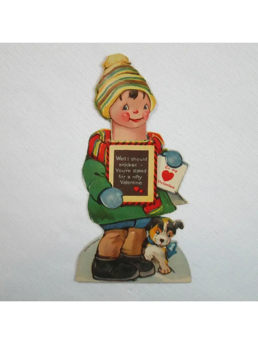 Vintage Valentine Card Boy & Puppy Dog Mechanical Moving Head Germany 20s-30s